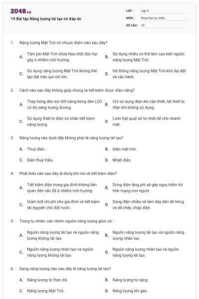 19 Bài tập Năng lượng tái tạo có đáp án