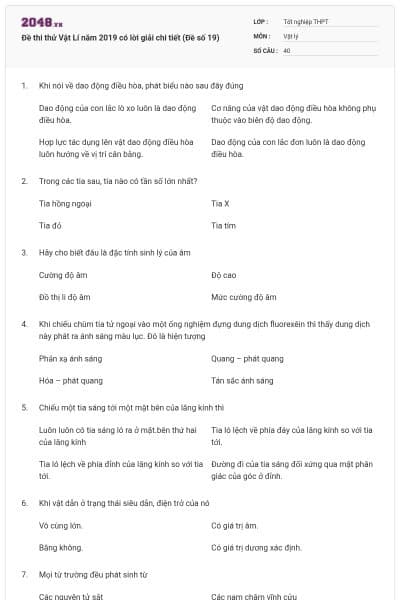 Đề thi thử Vật Lí năm 2019 có lời giải chi tiết (Đề số 19)
