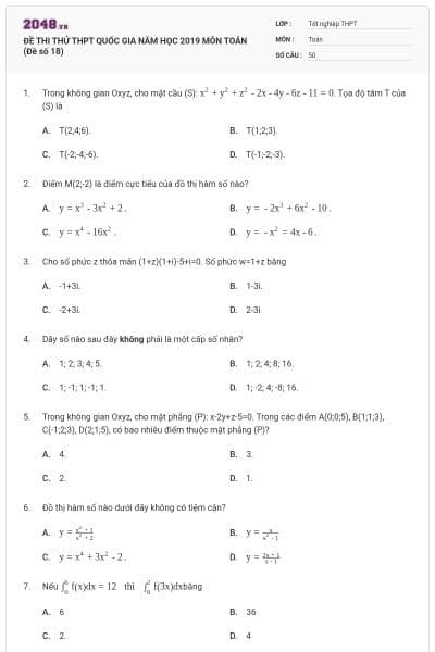 ĐỀ THI THỬ THPT QUỐC GIA NĂM HỌC 2019 MÔN TOÁN (Đề số 18)