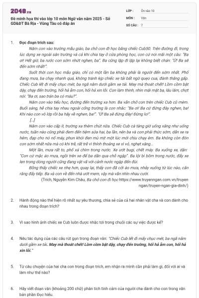 Đề minh họa thi vào lớp 10 môn Ngữ văn năm 2025 - Sở GD&ĐT Bà Rịa - Vũng Tàu có đáp án