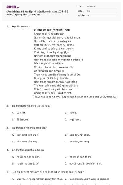 Đề minh họa thi vào lớp 10 môn Ngữ văn năm 2025 - Sở GD&ĐT Quảng Nam có đáp án