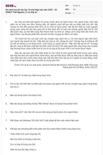 Đề minh họa thi vào lớp 10 môn Ngữ văn năm 2025 - Sở GD&ĐT Thái Nguyên (1) có đáp án