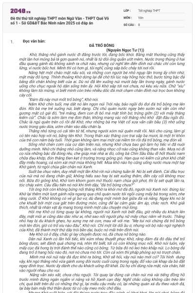 Đề thi thử tốt nghiệp THPT môn Ngữ Văn - THPT Quế Võ số 1 - Sở GD&ĐT Bắc Ninh năm 2025 có đáp án