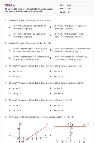 12 bài tập Viết nghiệm và biểu diễn hình học các nghiệm của phương trình bậc nhất hai ẩn có lời giải