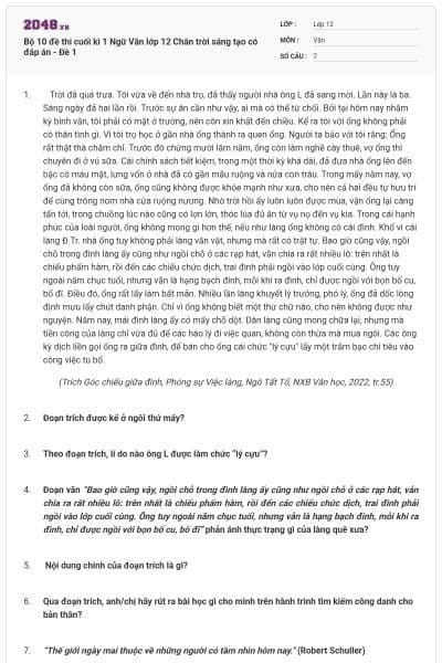 Bộ 10 đề thi cuối kì 1 Ngữ Văn lớp 12 Chân trời sáng tạo có đáp án - Đề 1