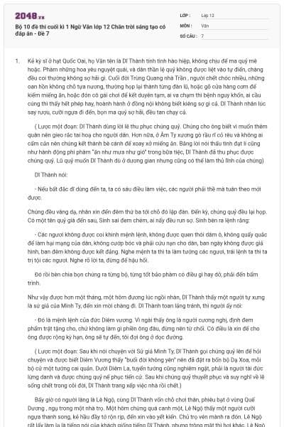 Bộ 10 đề thi cuối kì 1 Ngữ Văn lớp 12 Chân trời sáng tạo có đáp án - Đề 7