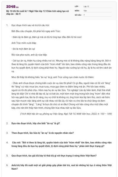 Bộ 10 đề thi cuối kì 1 Ngữ Văn lớp 12 Chân trời sáng tạo có đáp án - Đề 9