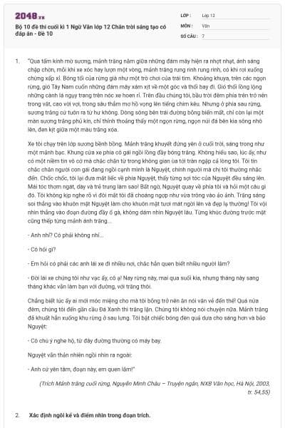 Bộ 10 đề thi cuối kì 1 Ngữ Văn lớp 12 Chân trời sáng tạo có đáp án - Đề 10