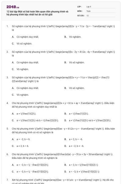 12 bài tập Một số bài toán liên quan đến phương trình và hệ phương trình bậc nhất hai ẩn có lời giải