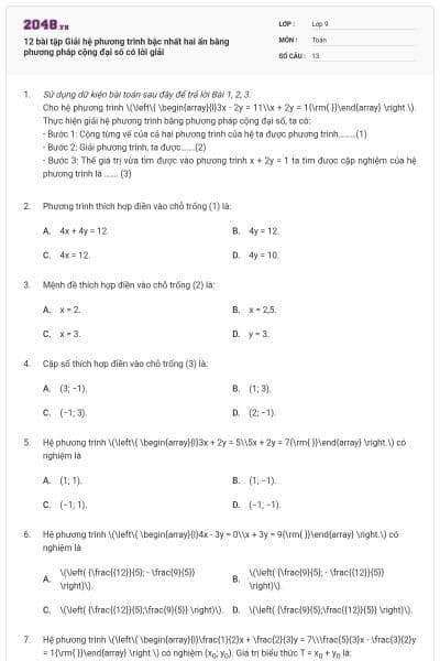 12 bài tập Giải hệ phương trình bậc nhất hai ẩn bằng phương pháp cộng đại số có lời giải
