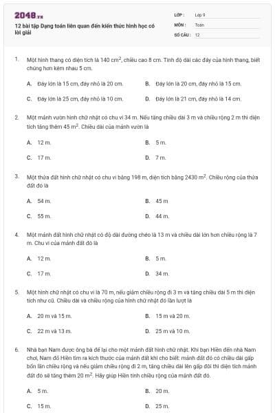 12 bài tập Dạng toán liên quan đến kiến thức hình học có lời giải