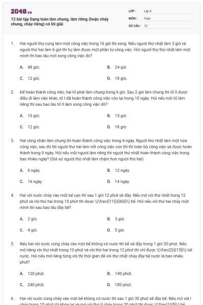 12 bài tập Dạng toán làm chung, làm riêng (hoặc chảy chung, chảy riêng) có lời giải