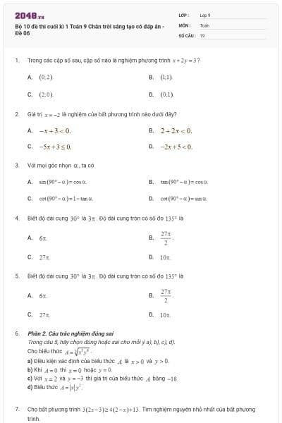 Bộ 10 đề thi cuối kì 1 Toán 9 Chân trời sáng tạo có đáp án - Đề 06