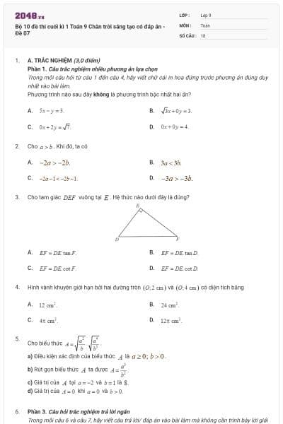 Bộ 10 đề thi cuối kì 1 Toán 9 Chân trời sáng tạo có đáp án - Đề 07