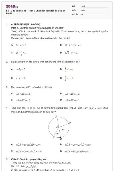 Bộ 10 đề thi cuối kì 1 Toán 9 Chân trời sáng tạo có đáp án - Đề 08