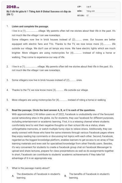Bộ 5 đề thi giữa kì 1 Tiếng Anh 8 Global Success có đáp án (Đề 1)