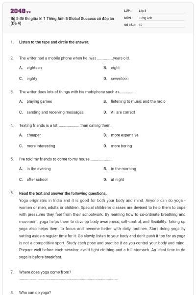 Bộ 5 đề thi giữa kì 1 Tiếng Anh 8 Global Success có đáp án (Đề 4)