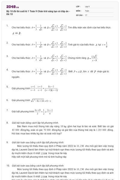 Bộ 10 đề thi cuối kì 1 Toán 9 Chân trời sáng tạo có đáp án - Đề 10