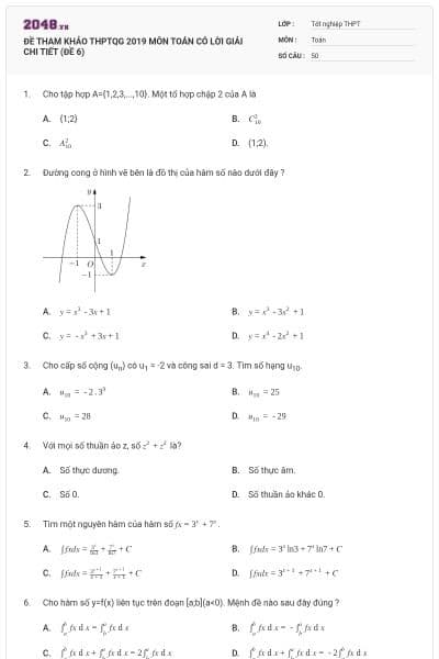ĐỀ THAM KHẢO THPTQG 2019 MÔN TOÁN CÓ LỜI GIẢI CHI TIẾT (ĐỀ 6)