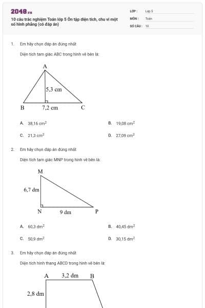 10 câu trắc nghiệm Toán lớp 5 Ôn tập diện tích, chu vi một số hình phẳng (có đáp án)