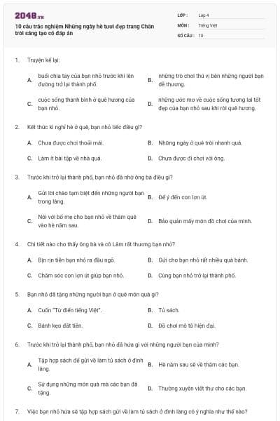 10 câu trắc nghiệm Những ngày hè tươi đẹp trang Chân trời sáng tạo có đáp án