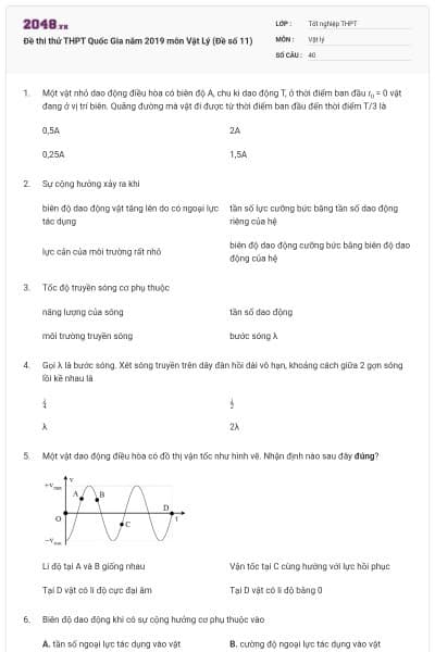 Đề thi thử THPT Quốc Gia năm 2019 môn Vật Lý (Đề số 11)