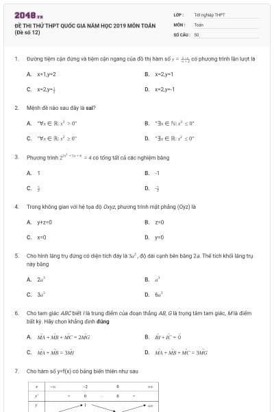 ĐỀ THI THỬ THPT QUỐC GIA NĂM HỌC 2019 MÔN TOÁN (Đề số 12)