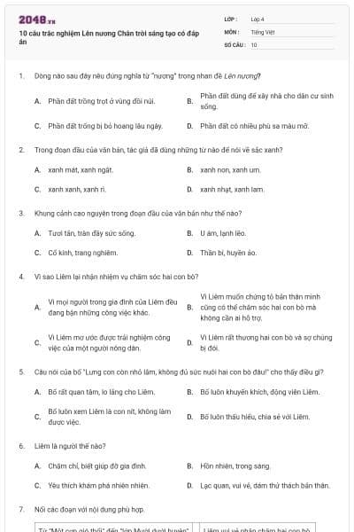 10 câu trắc nghiệm Lên nương Chân trời sáng tạo có đáp án