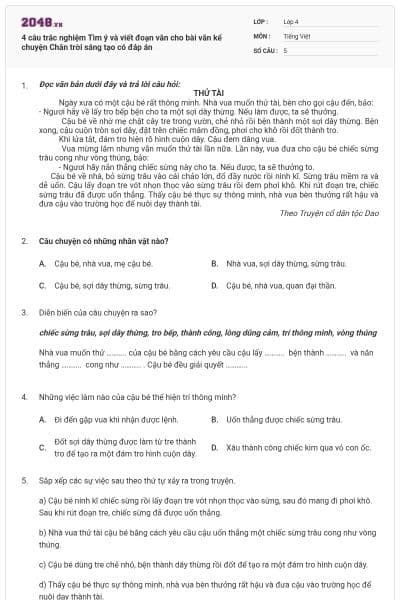 4 câu trắc nghiệm Tìm ý và viết đoạn văn cho bài văn kể chuyện Chân trời sáng tạo có đáp án