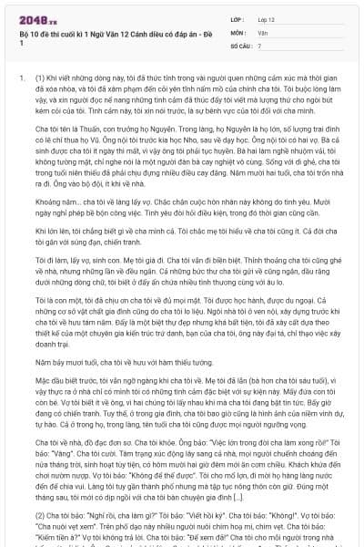 Bộ 10 đề thi cuối kì 1 Ngữ Văn 12 Cánh diều có đáp án - Đề 1