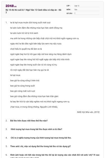 Bộ 10 đề thi cuối kì 1 Ngữ Văn 12 Cánh diều có đáp án - Đề 2