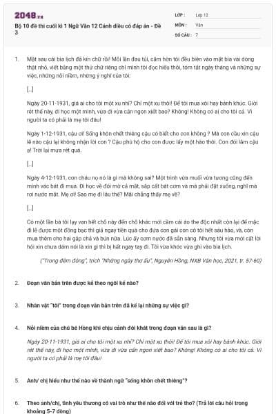 Bộ 10 đề thi cuối kì 1 Ngữ Văn 12 Cánh diều có đáp án - Đề 3