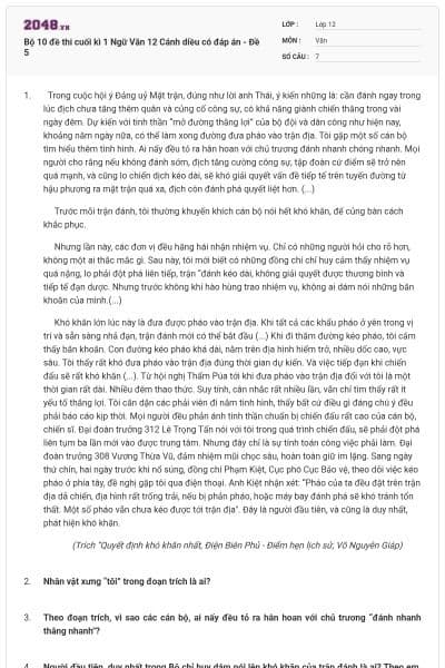 Bộ 10 đề thi cuối kì 1 Ngữ Văn 12 Cánh diều có đáp án - Đề 5