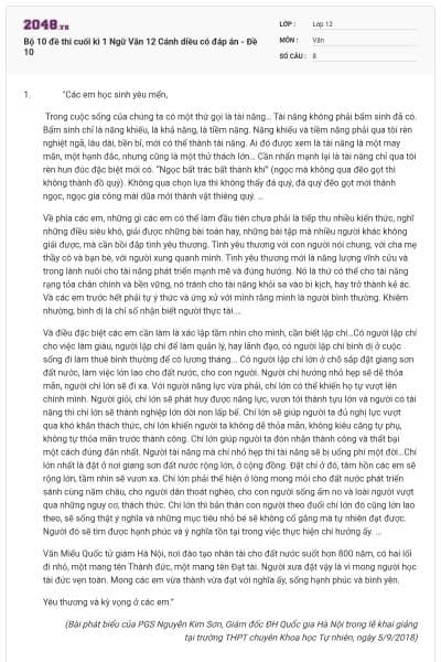 Bộ 10 đề thi cuối kì 1 Ngữ Văn 12 Cánh diều có đáp án - Đề 10