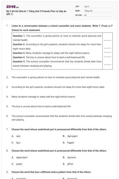 Bộ 5 đề thi Giữa kì 1 Tiếng Anh 9 Friends Plus có đáp án (Đề 1)