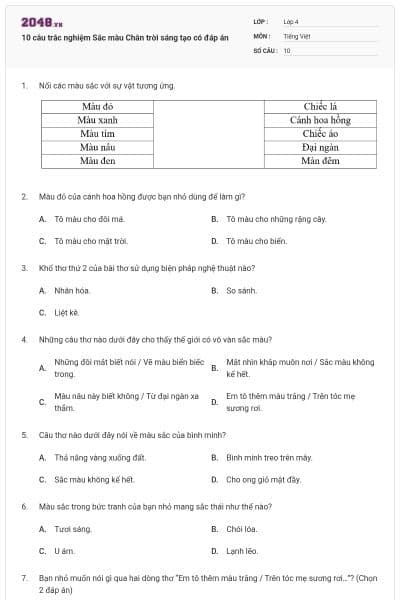 10 câu trắc nghiệm Sắc màu Chân trời sáng tạo có đáp án