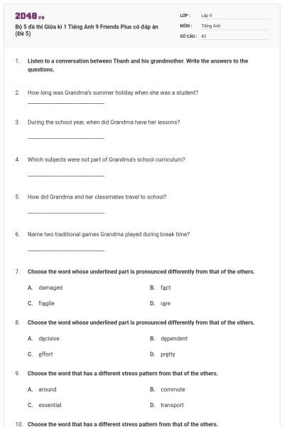 Bộ 5 đề thi Giữa kì 1 Tiếng Anh 9 Friends Plus có đáp án (Đề 5)
