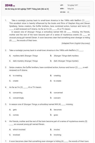 Đề thi tổng ôn tốt nghiệp THPT Tiếng Anh (Đề số 4)