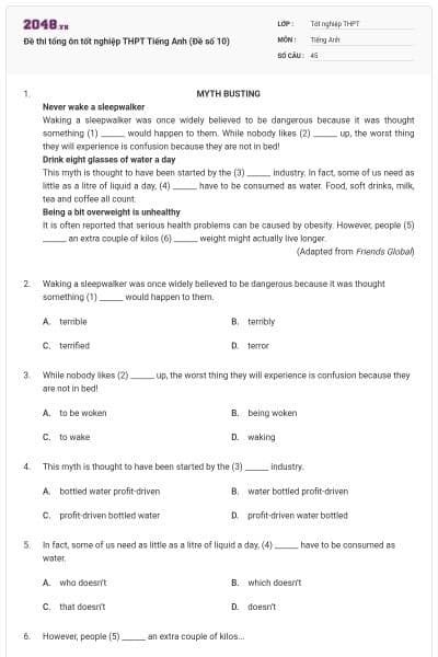 Đề thi tổng ôn tốt nghiệp THPT Tiếng Anh (Đề số 10)
