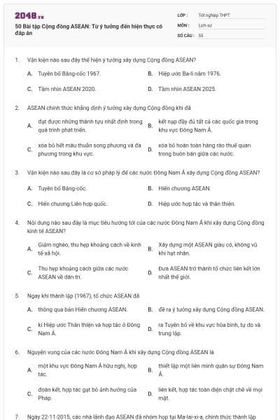 50 Bài tập Cộng đồng ASEAN: Từ ý tưởng đến hiện thực có đáp án