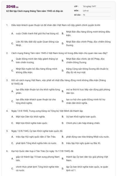 62 Bài tập Cách mạng tháng Tám năm 1945 có đáp án