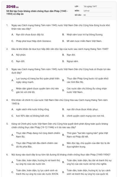 58 Bài tập Cuộc kháng chiến chống thực dân Pháp (1945 - 1954) có đáp án