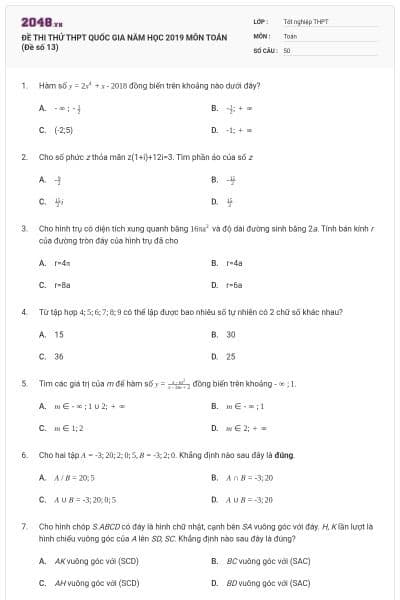 ĐỀ THI THỬ THPT QUỐC GIA NĂM HỌC 2019 MÔN TOÁN (Đề số 13)
