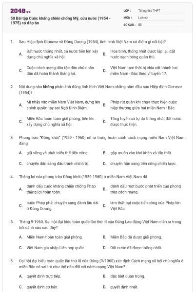 50 Bài tập Cuộc kháng chiến chống Mỹ, cứu nước (1954 - 1975) có đáp án