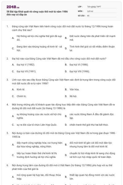 58 Bài tập Khái quát về công cuộc Đổi mới từ năm 1986 đến nay có đáp án