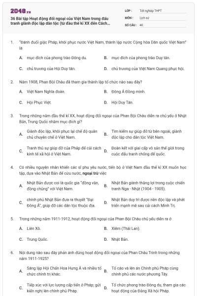 36 Bài tập Hoạt động đối ngoại của Việt Nam trong đấu tranh giành độc lập dân tộc (từ đầu thế kỉ XX đến Cách mạng tháng Tám năm 1945) có đáp án