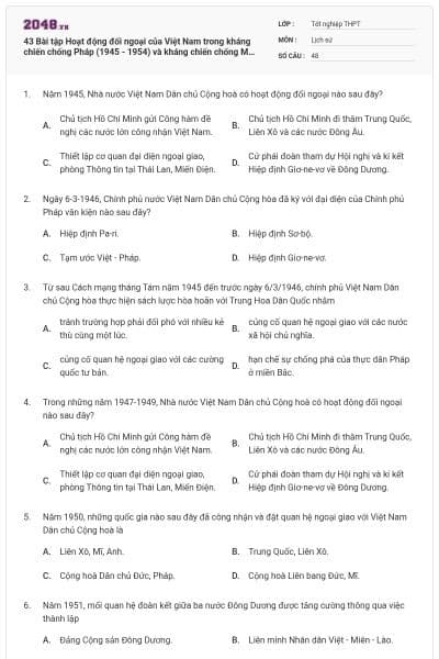 43 Bài tập Hoạt động đối ngoại của Việt Nam trong kháng chiến chống Pháp (1945 - 1954) và kháng chiến chống Mỹ (1954 - 1975) có đáp án