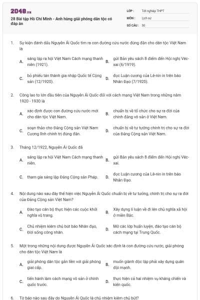 28 Bài tập Hồ Chí Minh - Anh hùng giải phóng dân tộc có đáp án