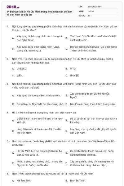 14 Bài tập Dấu ấn Hồ Chí Minh trong lòng nhân dân thế giới và Việt Nam có đáp án