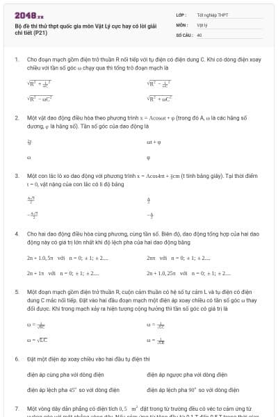 Bộ đề thi thử thpt quốc gia môn Vật Lý cực hay có lời giải chi tiết (P21)